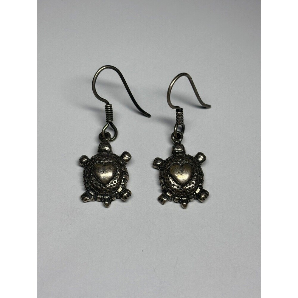 Vintage Sterling Silver 925 Earrings Turtle With Heart On Back Dangle Unique EFS